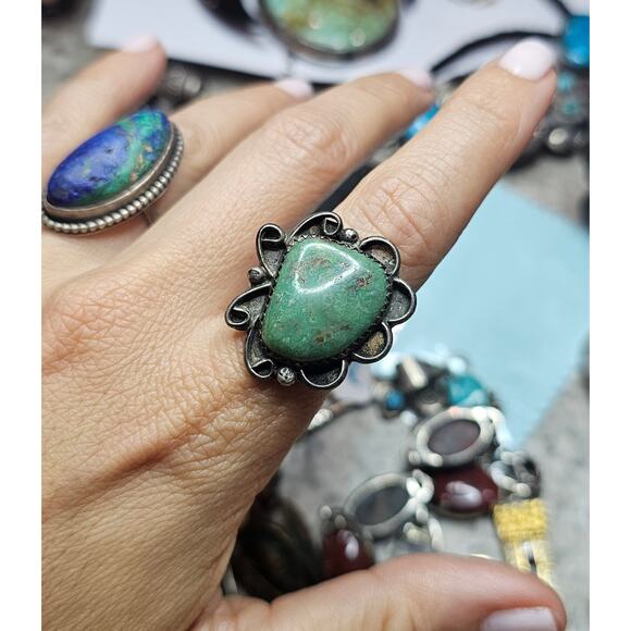 Vintage Navajo Sterling Turquoise Statement Ring Green Matrix - Picture 5 of 6